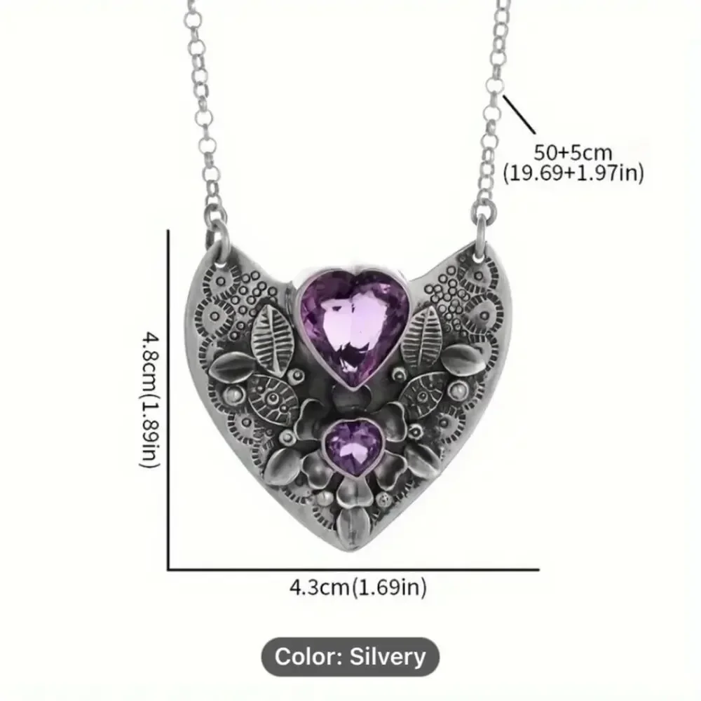 Stainless Steel Heart Shaped Amethyst Stone Necklace